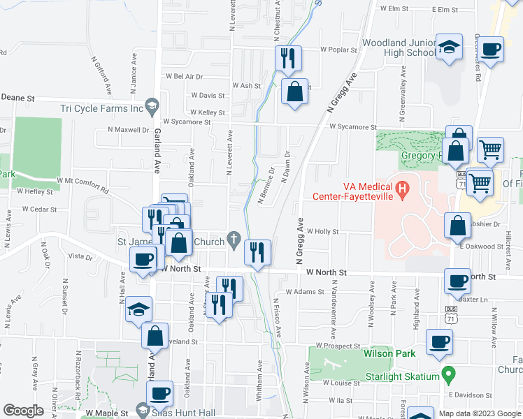 map of restaurants, bars, coffee shops, grocery stores, and more near 717 West Beck Drive in Fayetteville