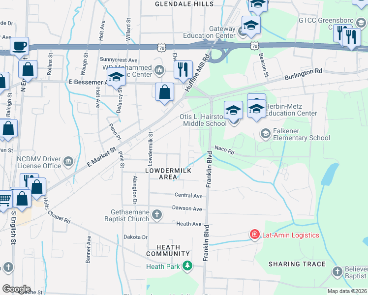 map of restaurants, bars, coffee shops, grocery stores, and more near 209 Guerrant Street in Greensboro
