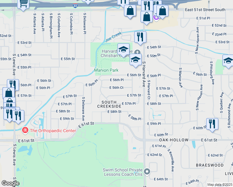map of restaurants, bars, coffee shops, grocery stores, and more near 2938 East 56th Court in Tulsa