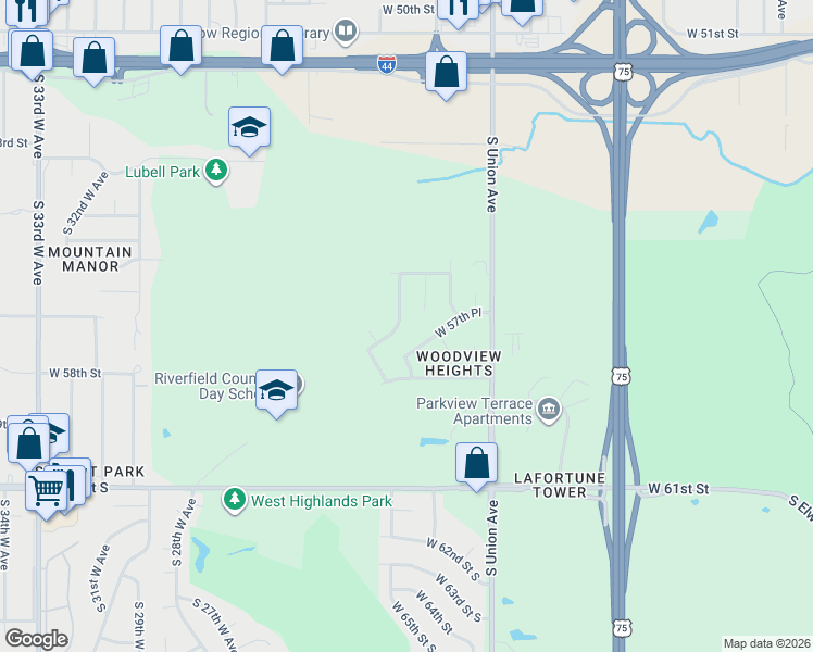 map of restaurants, bars, coffee shops, grocery stores, and more near 5643 South Xenophon Avenue in Tulsa