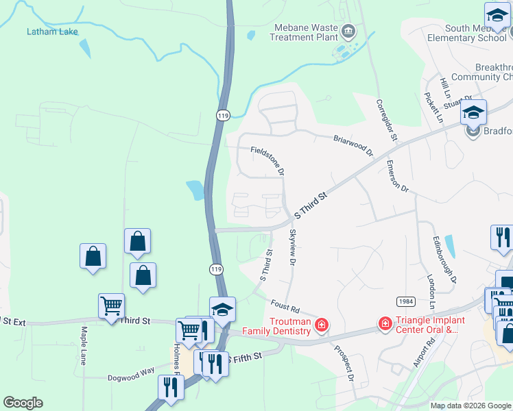map of restaurants, bars, coffee shops, grocery stores, and more near Quaker Creek Drive in Mebane