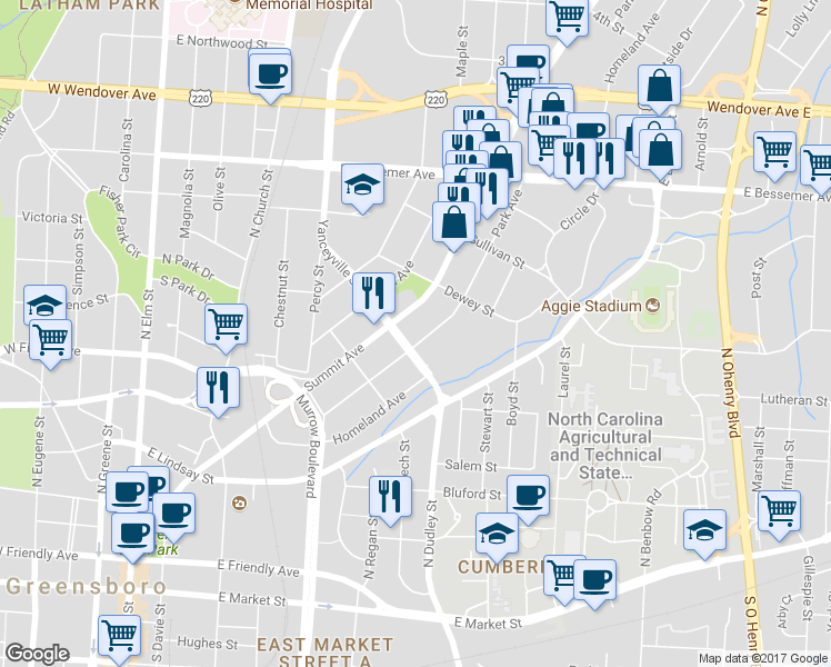 map of restaurants, bars, coffee shops, grocery stores, and more near 712 Summit Avenue in Greensboro