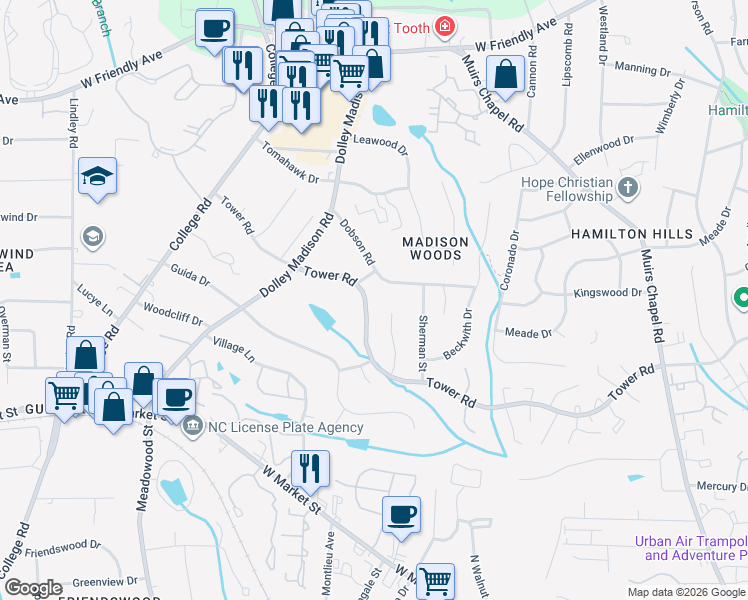 map of restaurants, bars, coffee shops, grocery stores, and more near 304 Falling Leaf Lane in Greensboro