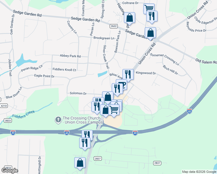 map of restaurants, bars, coffee shops, grocery stores, and more near 445 Silver Creek Trail in Kernersville