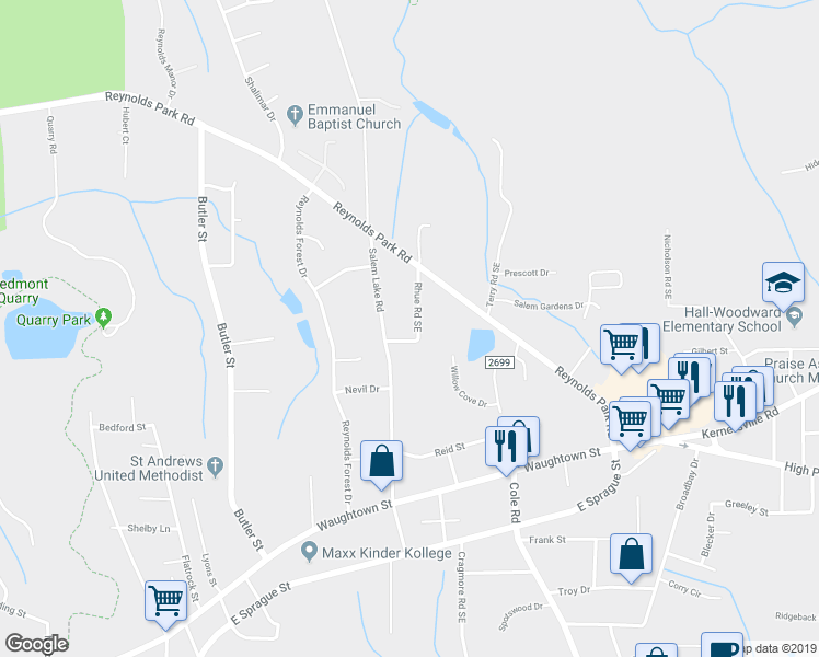 map of restaurants, bars, coffee shops, grocery stores, and more near 1315 Salem Lake Road in Winston-Salem