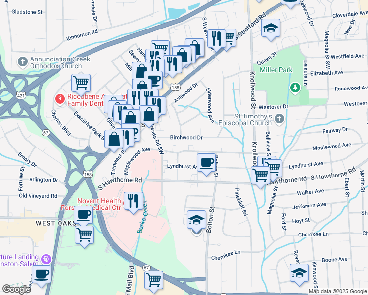 map of restaurants, bars, coffee shops, grocery stores, and more near 2933 Maplewood Avenue in Winston-Salem