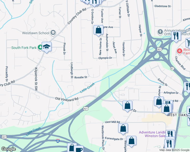map of restaurants, bars, coffee shops, grocery stores, and more near 325 Creekway Court in Winston-Salem
