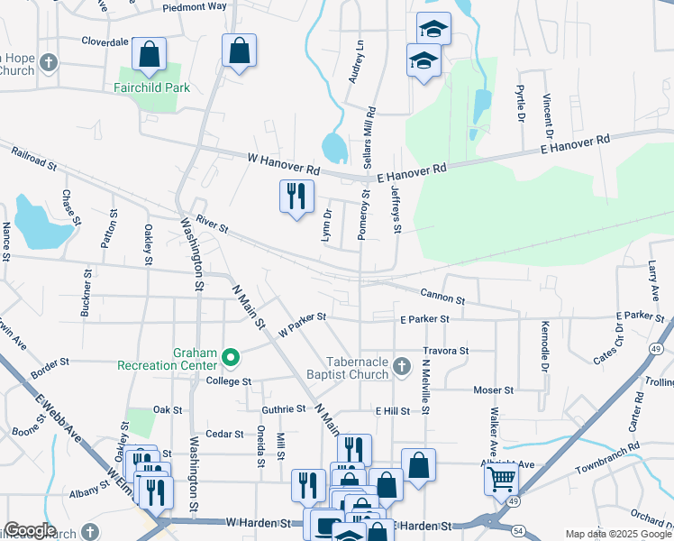 map of restaurants, bars, coffee shops, grocery stores, and more near 108 Kaye Drive in Graham