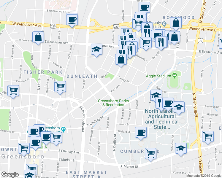 map of restaurants, bars, coffee shops, grocery stores, and more near 712 Summit Avenue in Greensboro