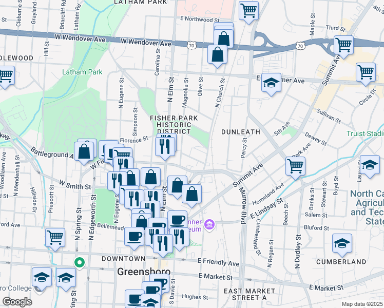 map of restaurants, bars, coffee shops, grocery stores, and more near 706 Magnolia Street in Greensboro