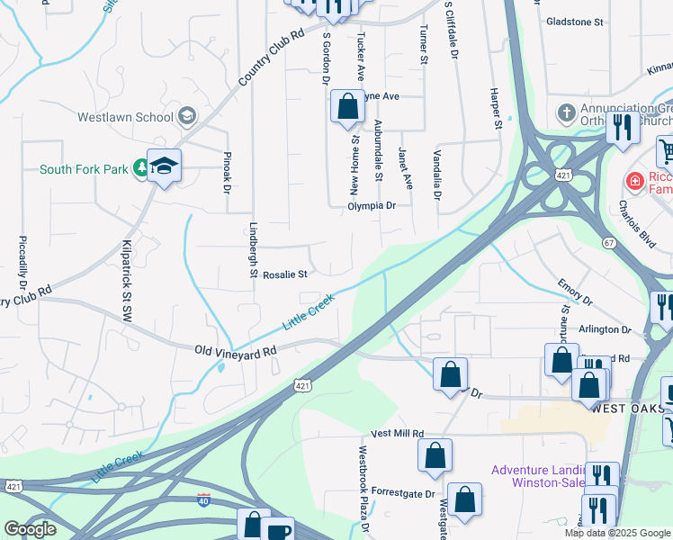 map of restaurants, bars, coffee shops, grocery stores, and more near 325 Creekway Court in Winston-Salem