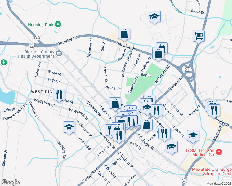 map of restaurants, bars, coffee shops, grocery stores, and more near 104 Nesbitt Street in Dickson