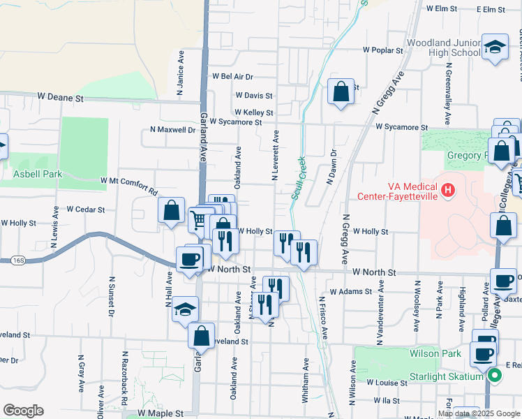 map of restaurants, bars, coffee shops, grocery stores, and more near 1375 North Leverett Avenue in Fayetteville