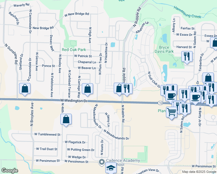 map of restaurants, bars, coffee shops, grocery stores, and more near 1285 North Corsica Drive in Fayetteville