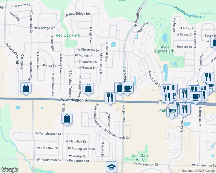 map of restaurants, bars, coffee shops, grocery stores, and more near 1285 North Corsica Drive in Fayetteville