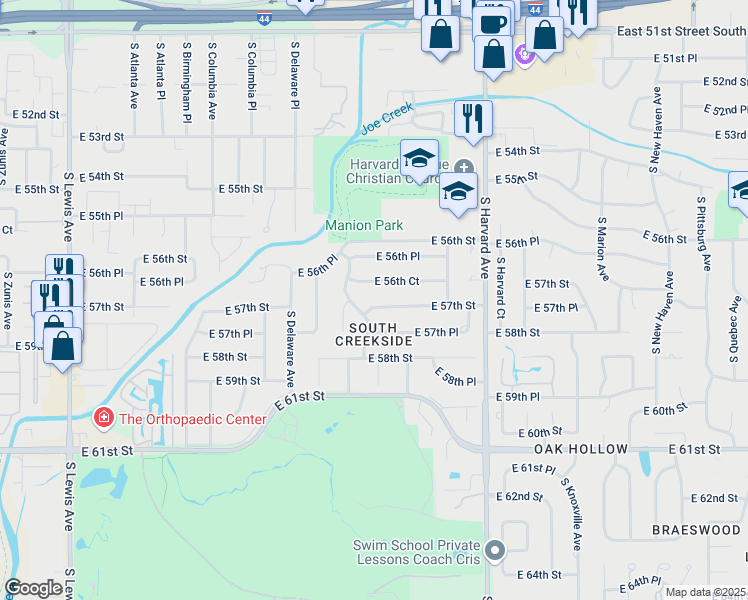 map of restaurants, bars, coffee shops, grocery stores, and more near 2938 East 56th Court in Tulsa
