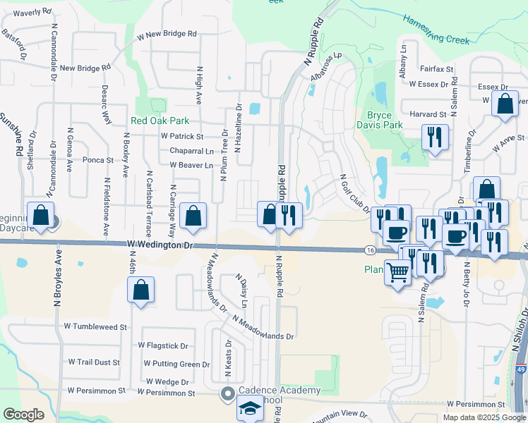 map of restaurants, bars, coffee shops, grocery stores, and more near 1277 North Rupple Road in Fayetteville