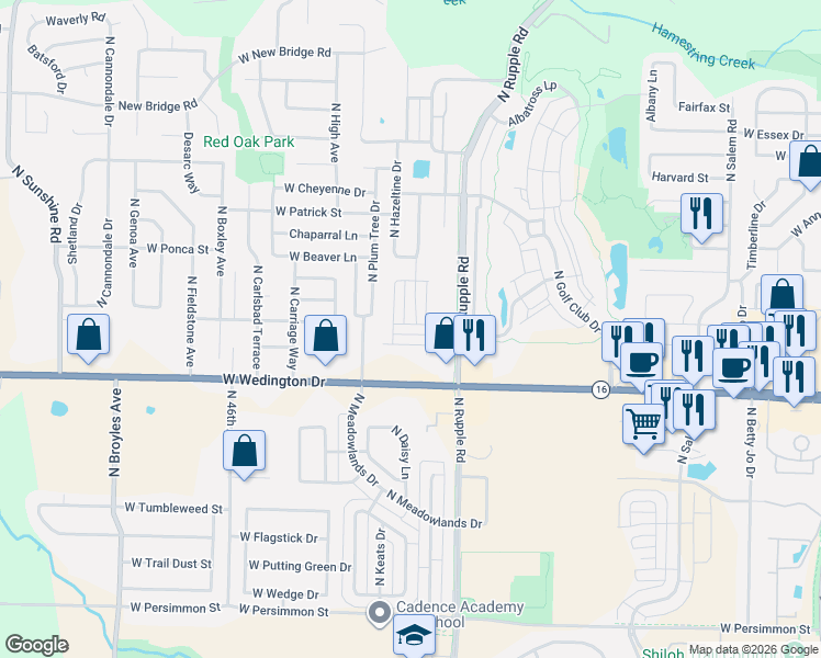 map of restaurants, bars, coffee shops, grocery stores, and more near 1285 North Corsica Drive in Fayetteville