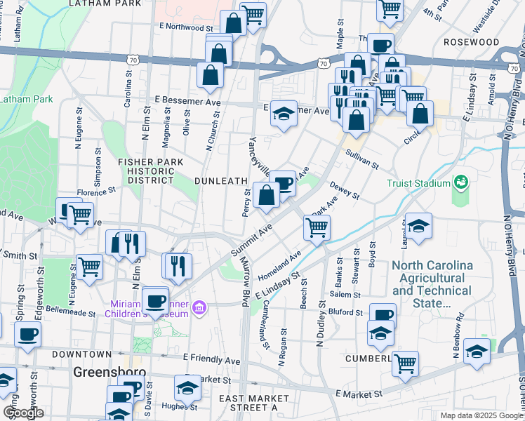 map of restaurants, bars, coffee shops, grocery stores, and more near 600 5th Avenue in Greensboro