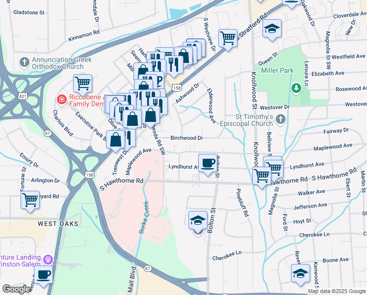 map of restaurants, bars, coffee shops, grocery stores, and more near 2933 Maplewood Avenue in Winston-Salem