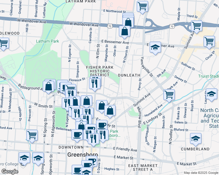 map of restaurants, bars, coffee shops, grocery stores, and more near 205 Leftwich Street in Greensboro