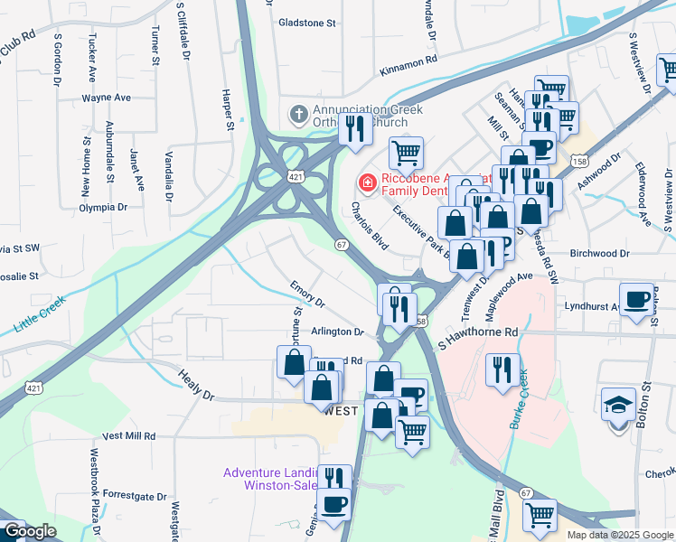 map of restaurants, bars, coffee shops, grocery stores, and more near 2094 South Hawthorne Road in Winston-Salem
