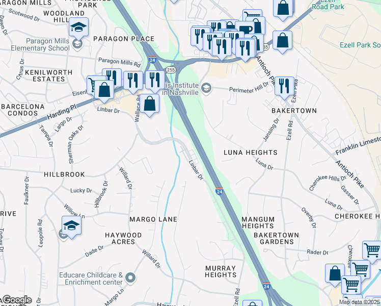 map of restaurants, bars, coffee shops, grocery stores, and more near 5110 Linbar Drive in Nashville