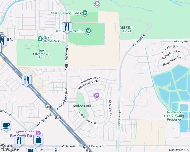 map of restaurants, bars, coffee shops, grocery stores, and more near 677 Bonanza Plain Avenue in Henderson