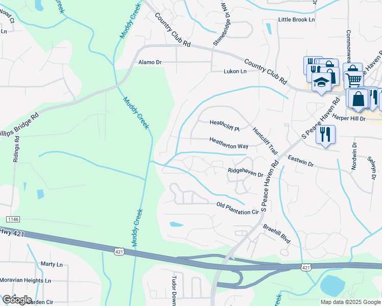 map of restaurants, bars, coffee shops, grocery stores, and more near 211 Ridgehaven Drive in Winston-Salem