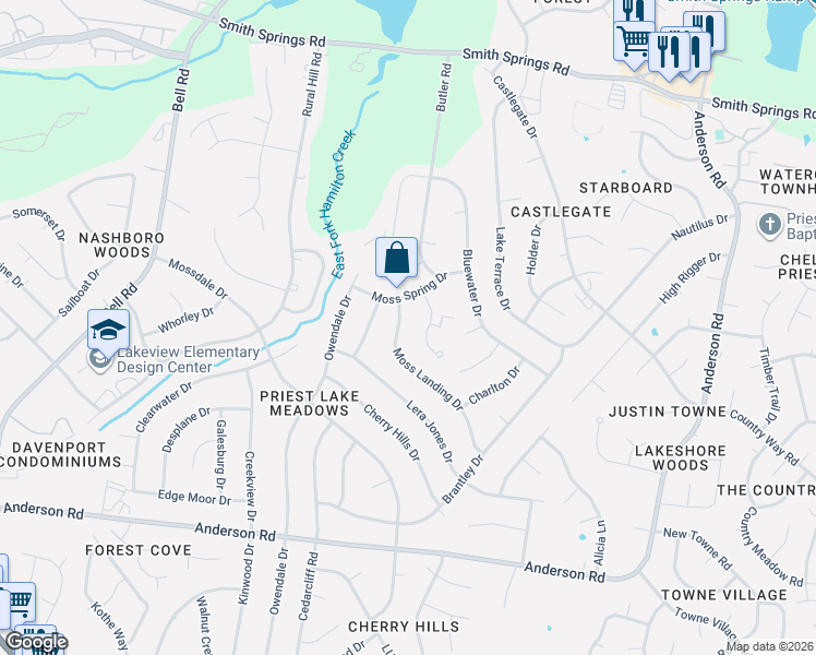 map of restaurants, bars, coffee shops, grocery stores, and more near 594 Moss Landing Drive in Nashville