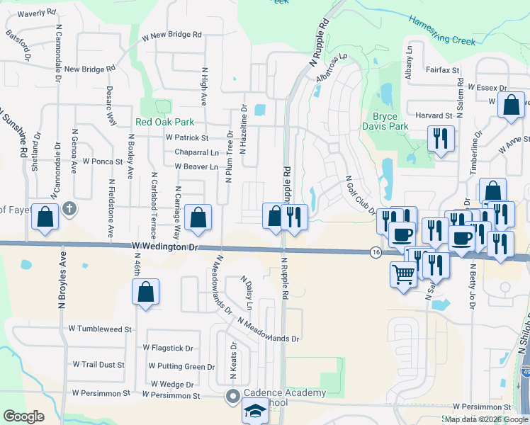 map of restaurants, bars, coffee shops, grocery stores, and more near 1277 North Rupple Road in Fayetteville