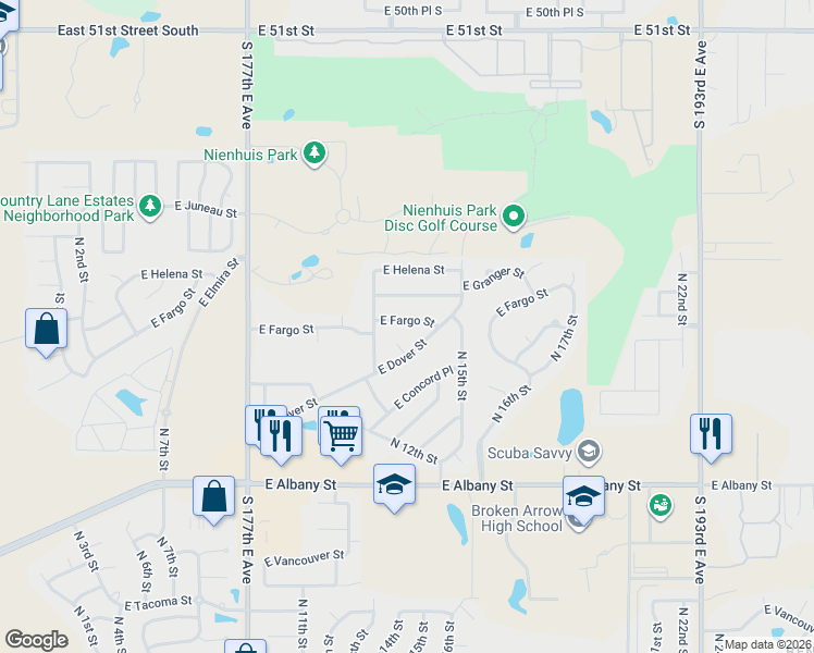 map of restaurants, bars, coffee shops, grocery stores, and more near 1412 East Fargo Street in Broken Arrow