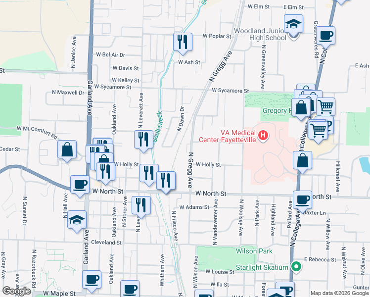 map of restaurants, bars, coffee shops, grocery stores, and more near 1361 North Hog Trough Drive in Fayetteville