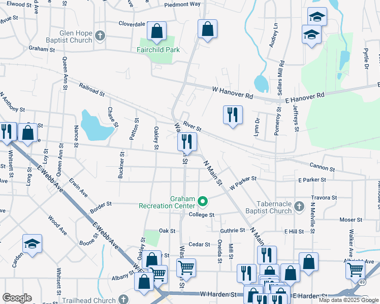 map of restaurants, bars, coffee shops, grocery stores, and more near 311 Providence Road in Graham