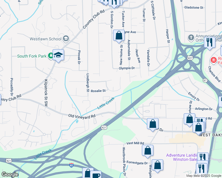 map of restaurants, bars, coffee shops, grocery stores, and more near 330 Creekway Court in Winston-Salem