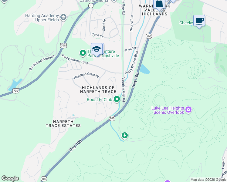 map of restaurants, bars, coffee shops, grocery stores, and more near 21 Vaughns Gap Road in Nashville
