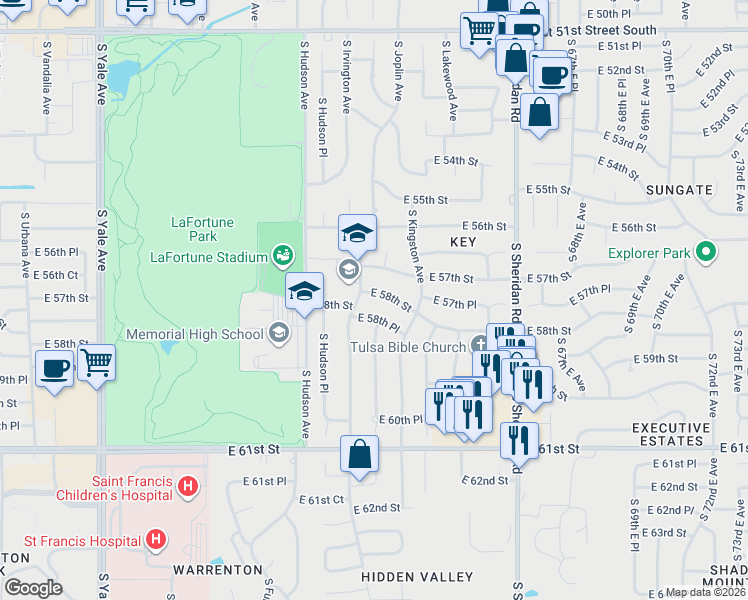 map of restaurants, bars, coffee shops, grocery stores, and more near 5821 East 58th Street in Tulsa