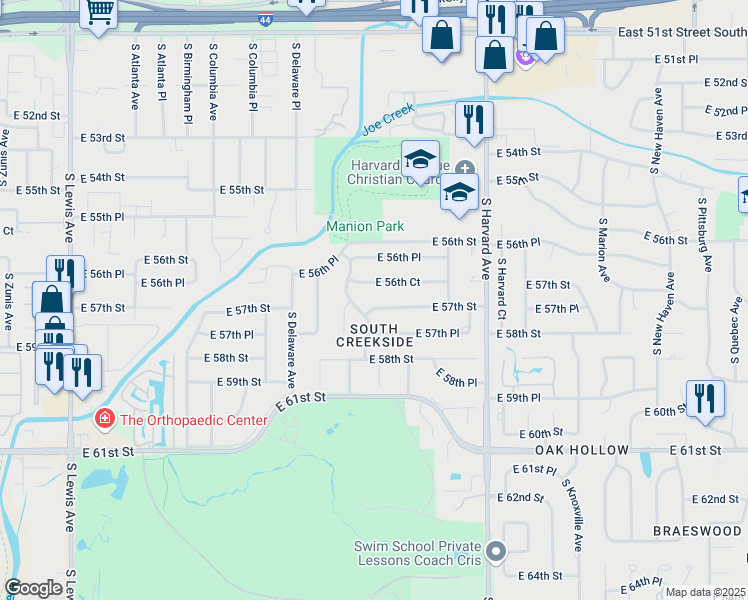 map of restaurants, bars, coffee shops, grocery stores, and more near 2938 East 56th Court in Tulsa