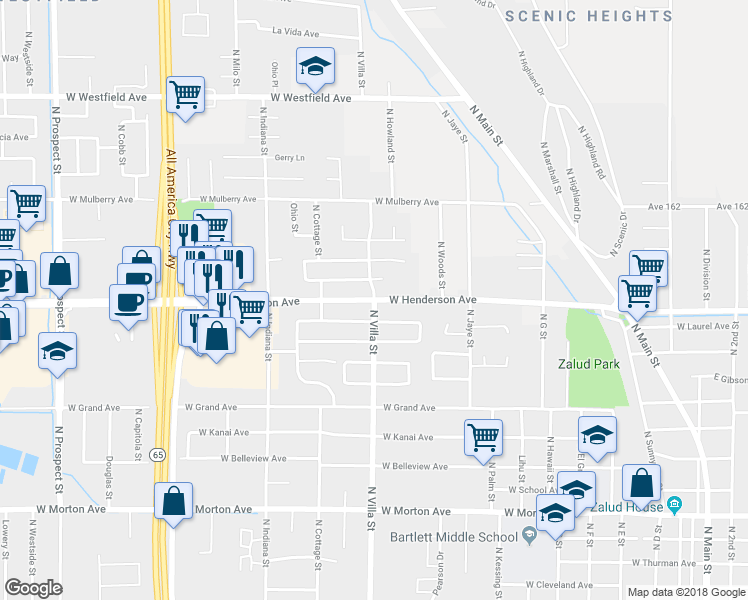 map of restaurants, bars, coffee shops, grocery stores, and more near West Henderson Avenue & North Villa Street in Porterville