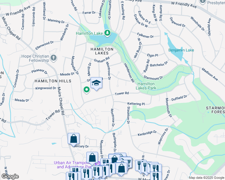 map of restaurants, bars, coffee shops, grocery stores, and more near 702 Montrose Drive in Greensboro