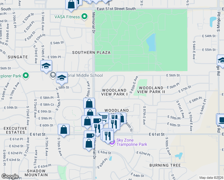 map of restaurants, bars, coffee shops, grocery stores, and more near 5635 South 82nd East Avenue in Tulsa