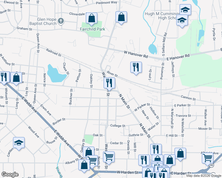 map of restaurants, bars, coffee shops, grocery stores, and more near 910 North Main Street in Graham