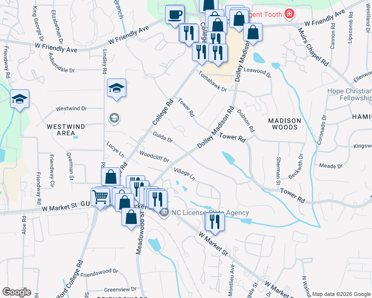 map of restaurants, bars, coffee shops, grocery stores, and more near 34 Brownstone Lane in Greensboro