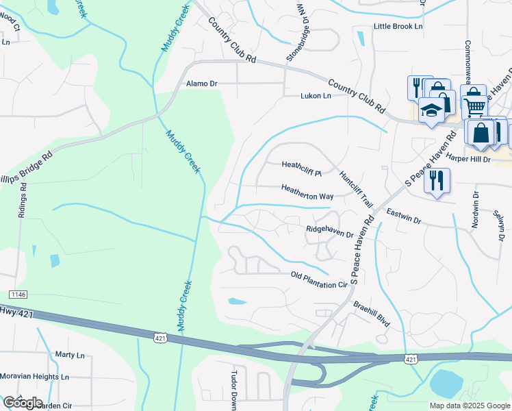 map of restaurants, bars, coffee shops, grocery stores, and more near 211 Ridgehaven Drive in Winston-Salem