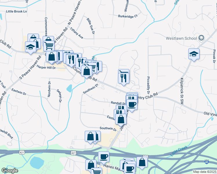 map of restaurants, bars, coffee shops, grocery stores, and more near 4740 Country Club Road in Winston-Salem