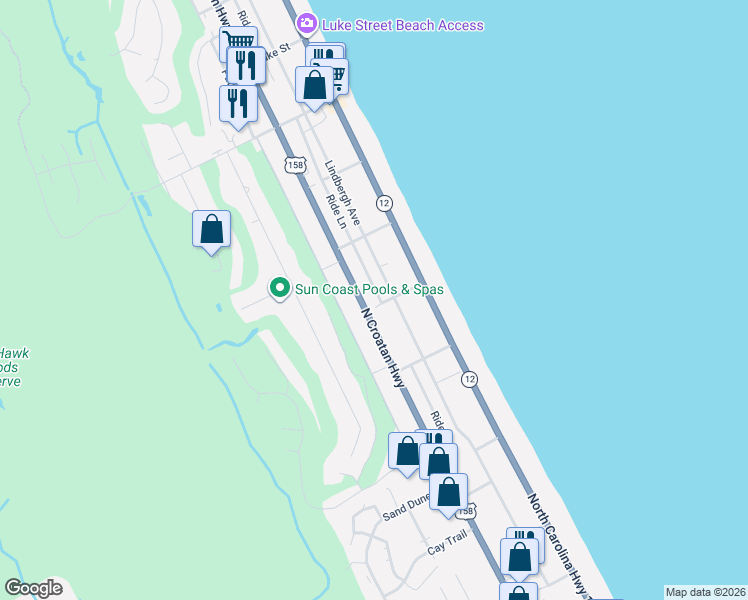 map of restaurants, bars, coffee shops, grocery stores, and more near 4408 Ride Lane in Kitty Hawk