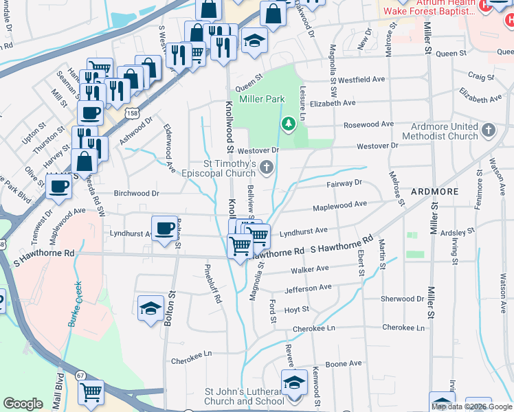 map of restaurants, bars, coffee shops, grocery stores, and more near 831 Bellview Street in Winston-Salem