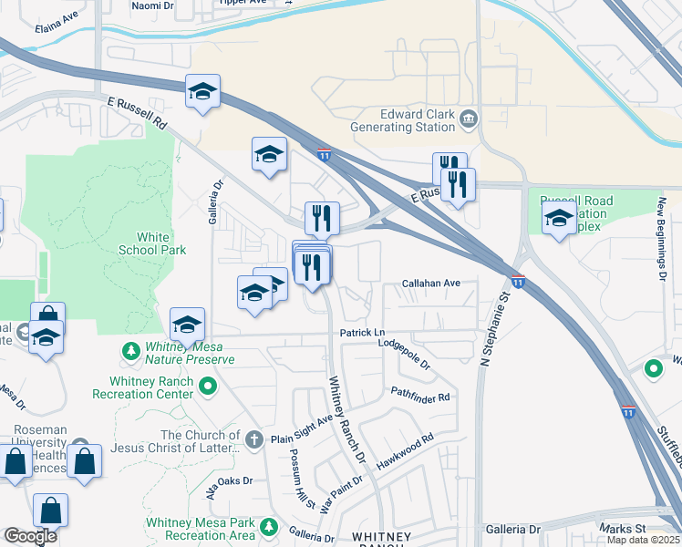 map of restaurants, bars, coffee shops, grocery stores, and more near 1050 Whitney Ranch Drive in Henderson