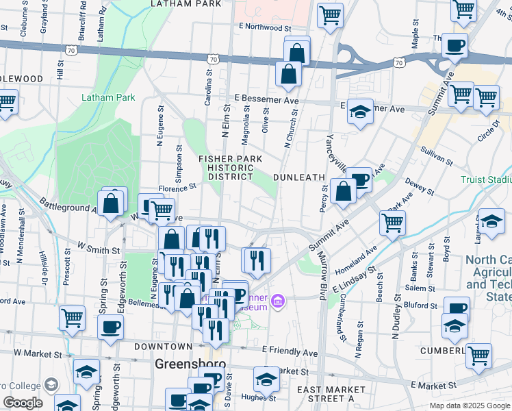 map of restaurants, bars, coffee shops, grocery stores, and more near 207 Leftwich Street in Greensboro