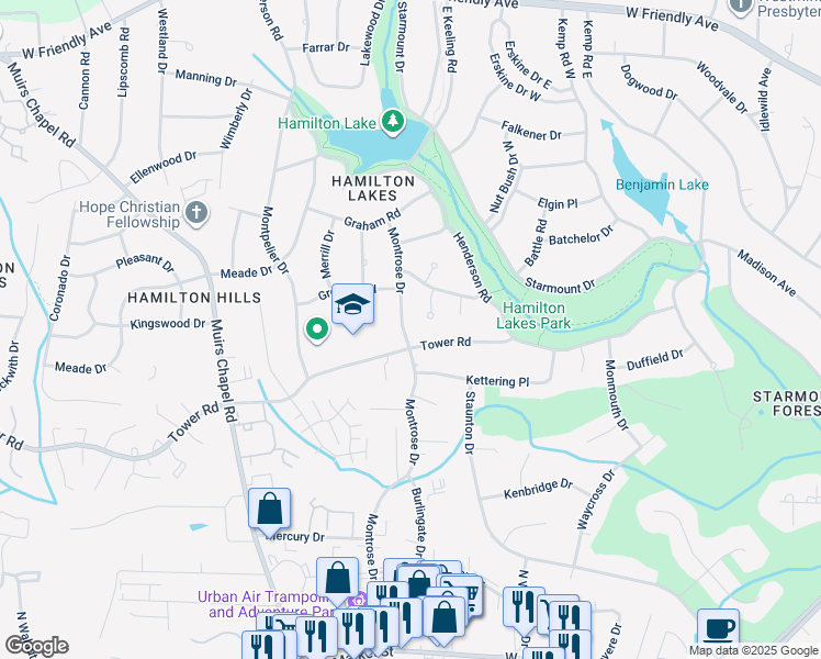 map of restaurants, bars, coffee shops, grocery stores, and more near 702 Montrose Drive in Greensboro